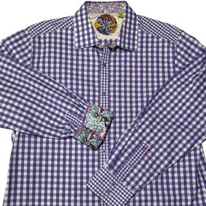 Robert Graham Gingham Button Down Shirt Mens XL Purple Alice In Wonderland Cuffs